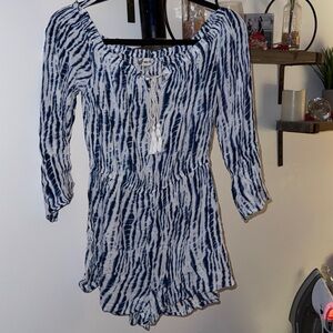 Blue and White Tie-Dye romper with Tassel